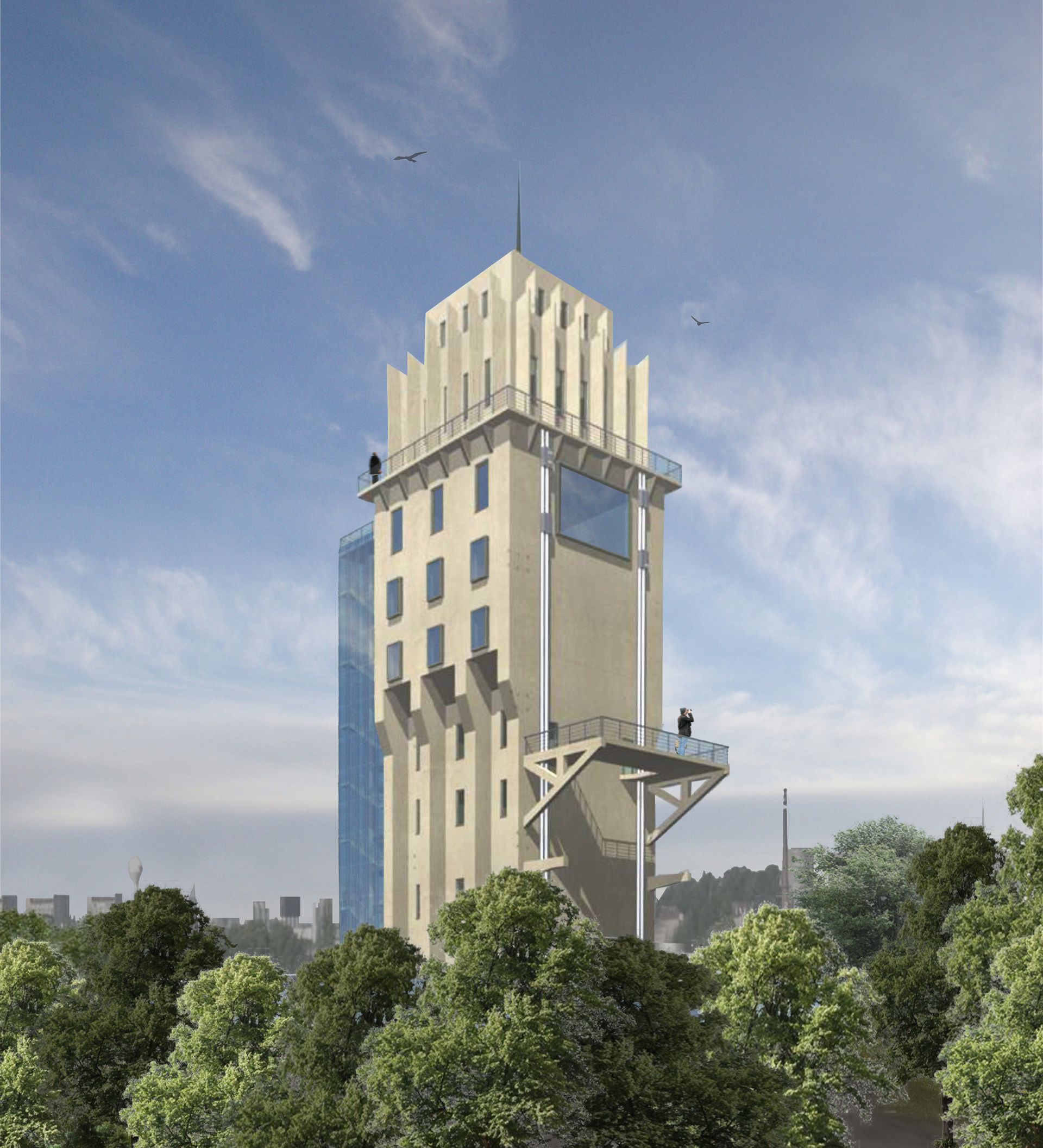 Ein hohes Gebäude mit einem Balkon darauf