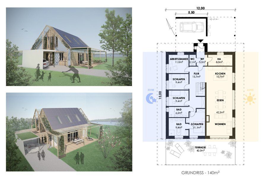 Ein Bild eines Hauses und ein Grundriss eines Hauses.