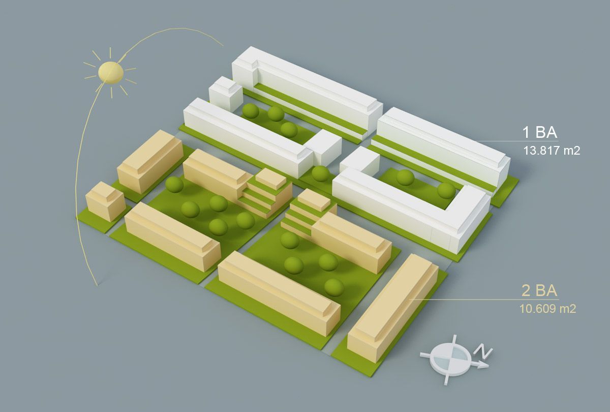 Ein 3D-Modell einer Stadt mit Gebäuden und Bäumen