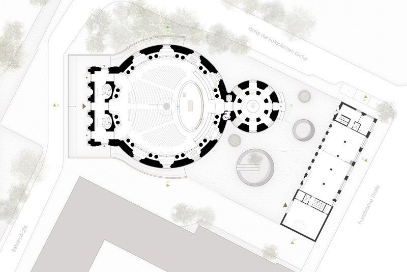 Eine schwarz-weiße Karte eines Parks mit einem Kreis in der Mitte.