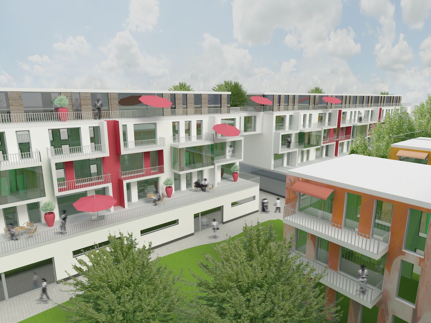 Künstlerische Darstellung eines großen Wohnhauses mit Balkonen.