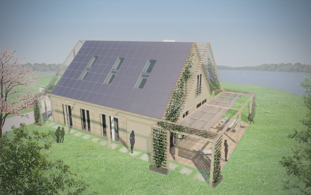 Künstlerische Darstellung eines Hauses mit einem Dach, auf dem sich Solarmodule befinden.