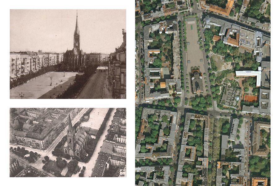 Ein Schwarzweißfoto einer Stadt neben einer Luftaufnahme der Stadt