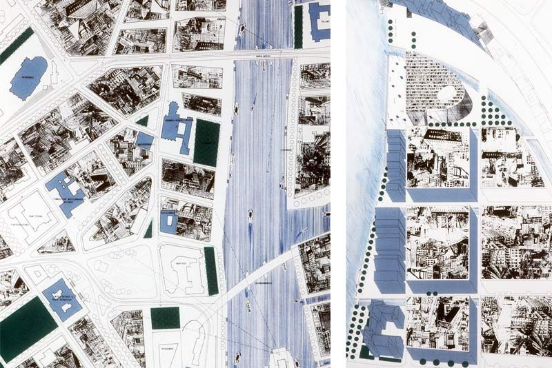 Eine schwarz-weiße Karte einer Stadt mit einem Fluss in der Mitte
