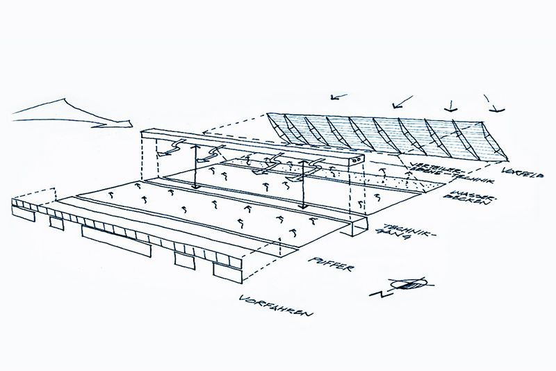 Eine Schwarz-Weiß-Zeichnung eines Gebäudes mit Solarmodulen auf dem Dach