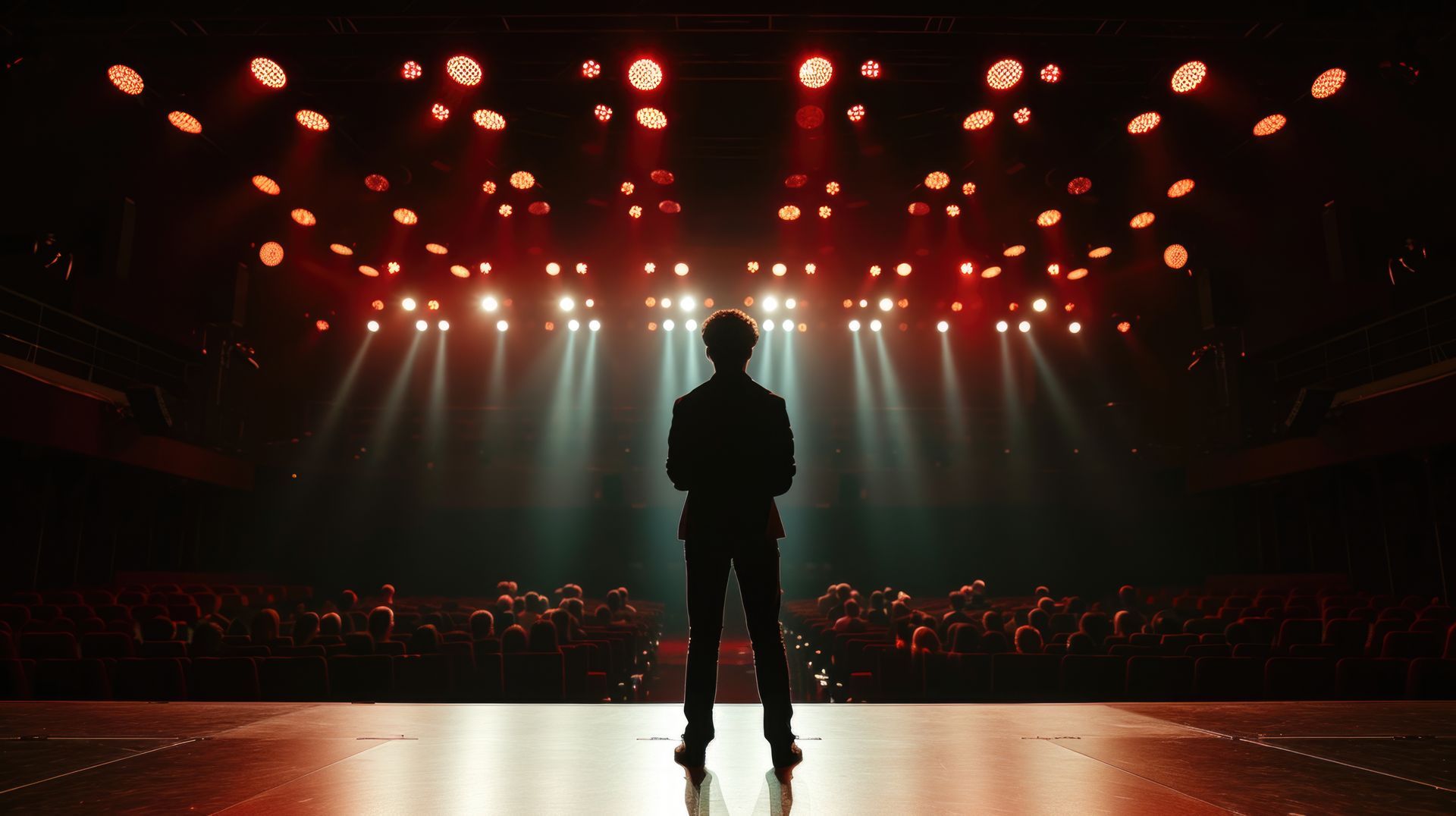 Man stands on a stage, facing an audience. Red spotlights shine down on him and the crowd.