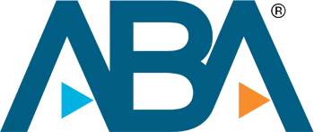 ABA logo with teal letters and two triangles, one blue and one orange.