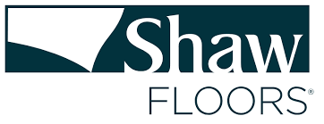 Shaw Floors logo in white and teal on a dark green background