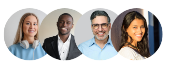 Four diverse people smiling in circular frames.