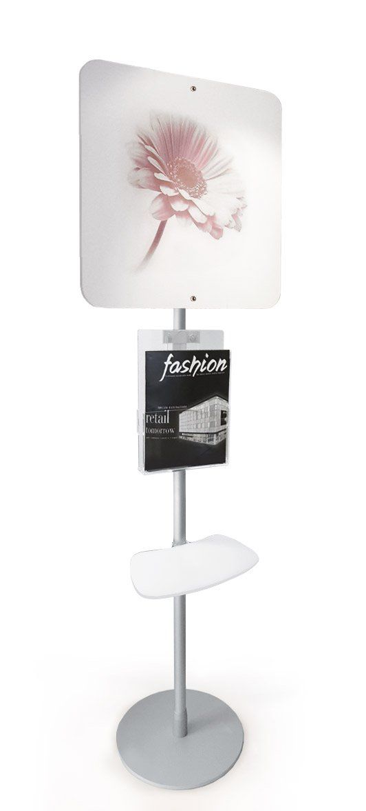 totem promozionale con ripiano, grafica e tasca portadepliant