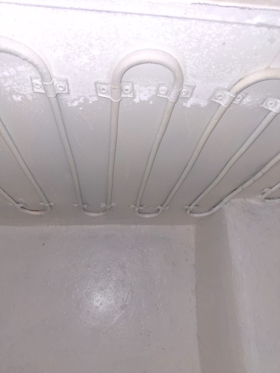 Techo blanco texturizado con molduras arqueadas sobre una pared lisa de color claro.