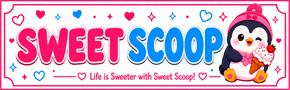 SweetScoops logo with pink and blue text, hearts, and a cute penguin in a winter hat holding ice cream.