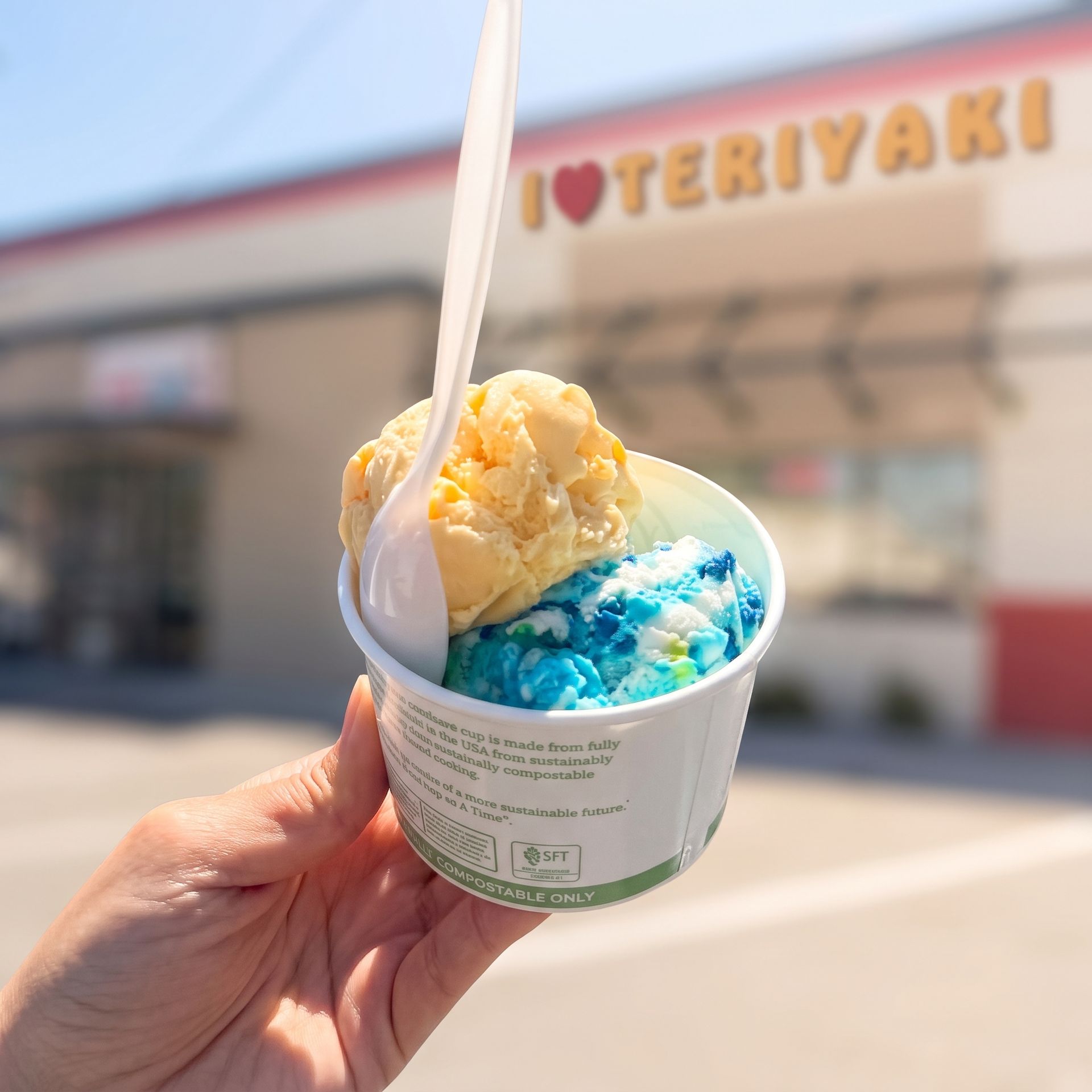 Hand holding a cup of blue and yellow ice cream in front of a Teriyaki restaurant