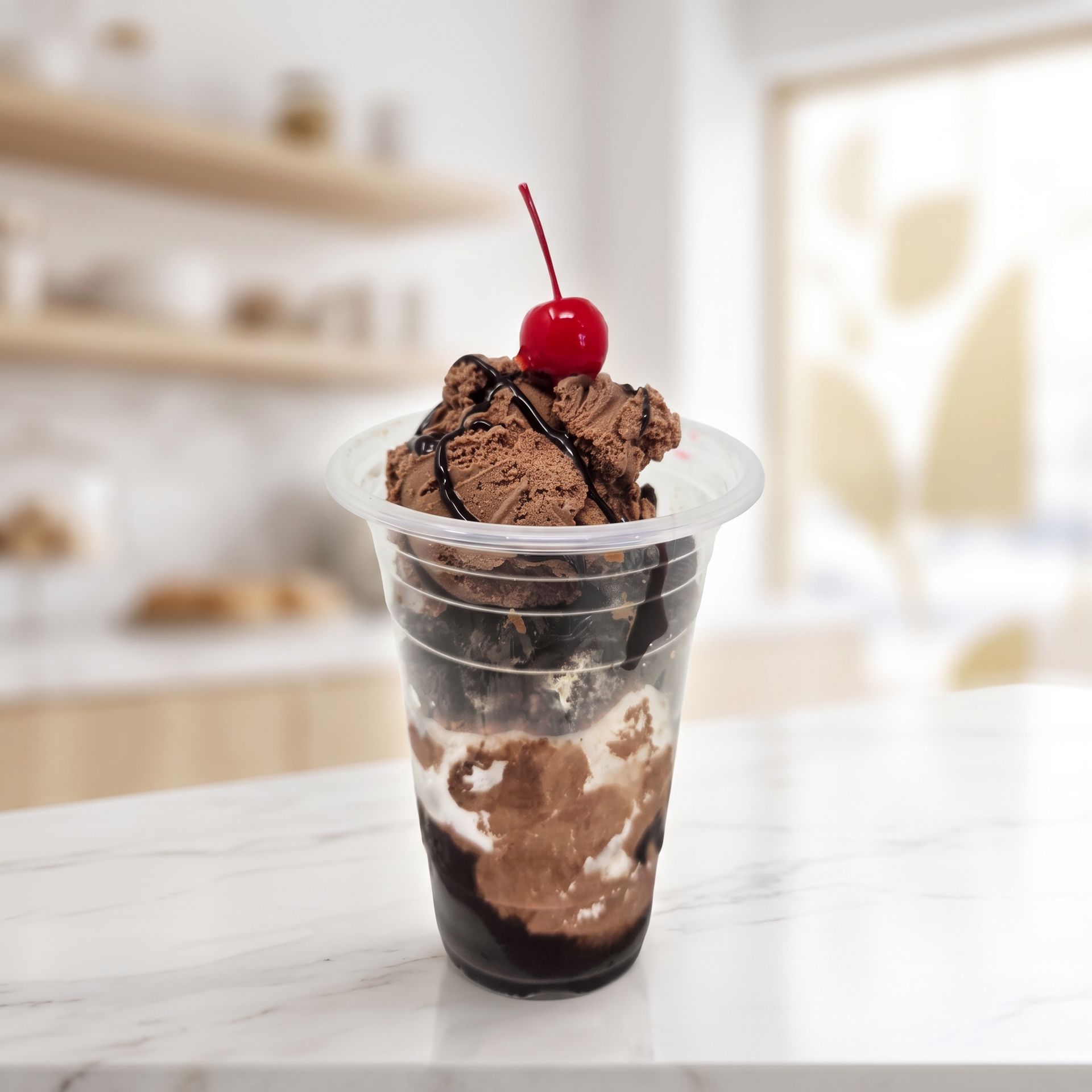 Chocolate ice cream sundae in a clear cup with whipped cream and a cherry, on a bright table