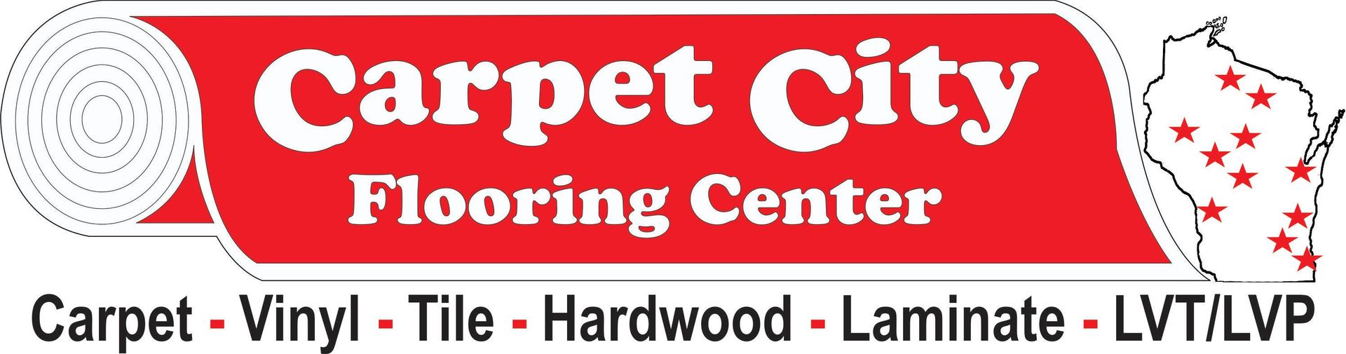 A red and white logo for carpet city flooring center