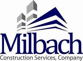 The milbach construction services company logo is blue and gray with a building in the background.