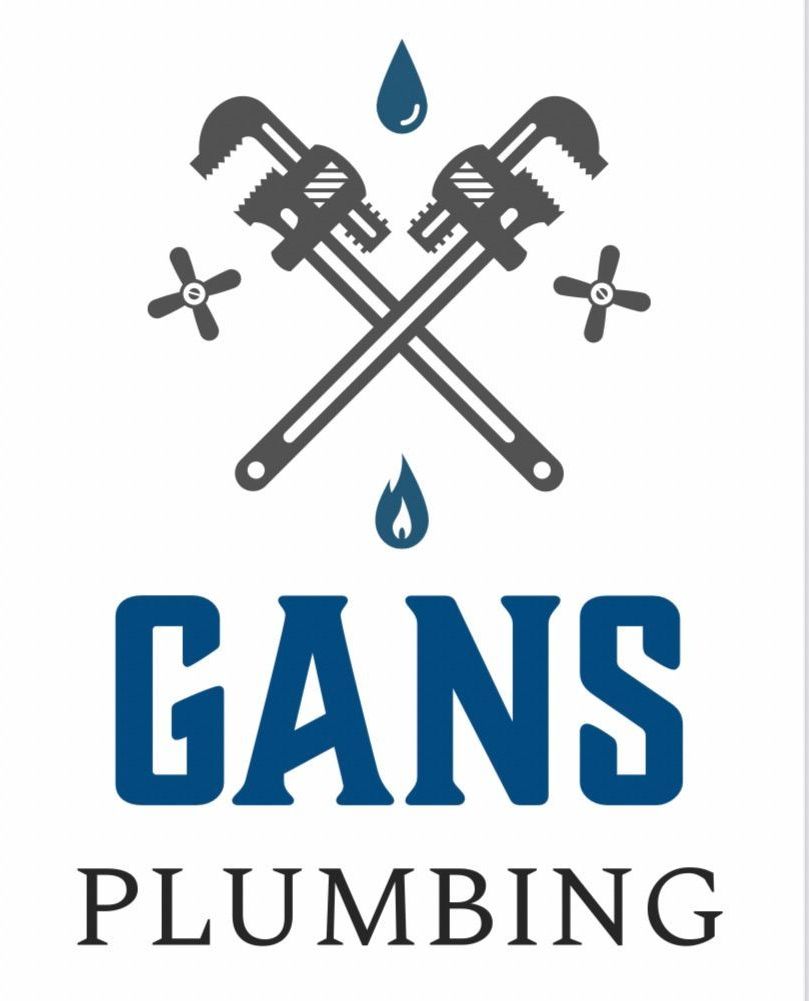 A logo for gans plumbing with two crossed wrenches and a drop of water.