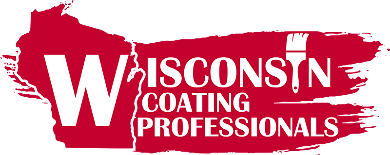 A red and white logo for wisconsin coating professionals