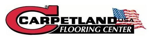 The carpetland flooring center logo is red and black with an american flag.