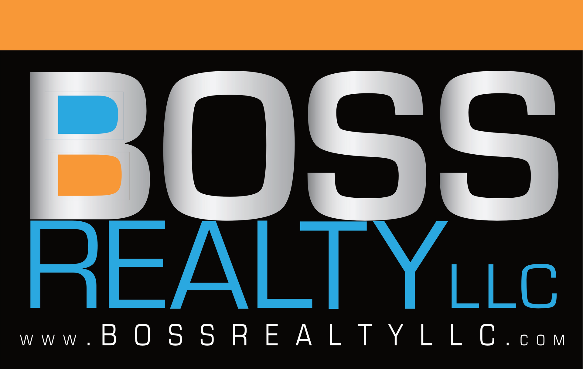 A black and orange logo for boss realty llc