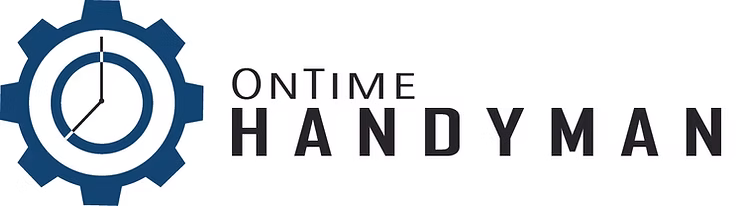 The logo for ontime handyman shows a gear with a clock inside of it.
