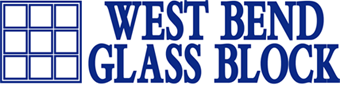 A logo for west bend glass block with a window in the background