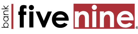 A red and white logo for five nine bank