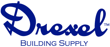 A blue logo for drexel building supply on a white background