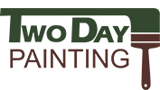 The logo for two day painting shows a brush and the words `` two day painting ''.