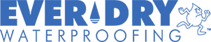 A blue and white logo for ever dry waterproofing
