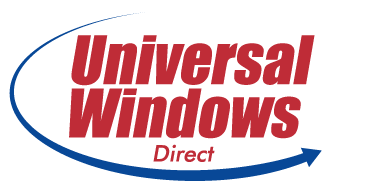 A red and blue logo for universal windows direct