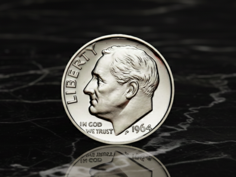 Silver 1964 dime featuring President Roosevelt on a dark, reflective surface.