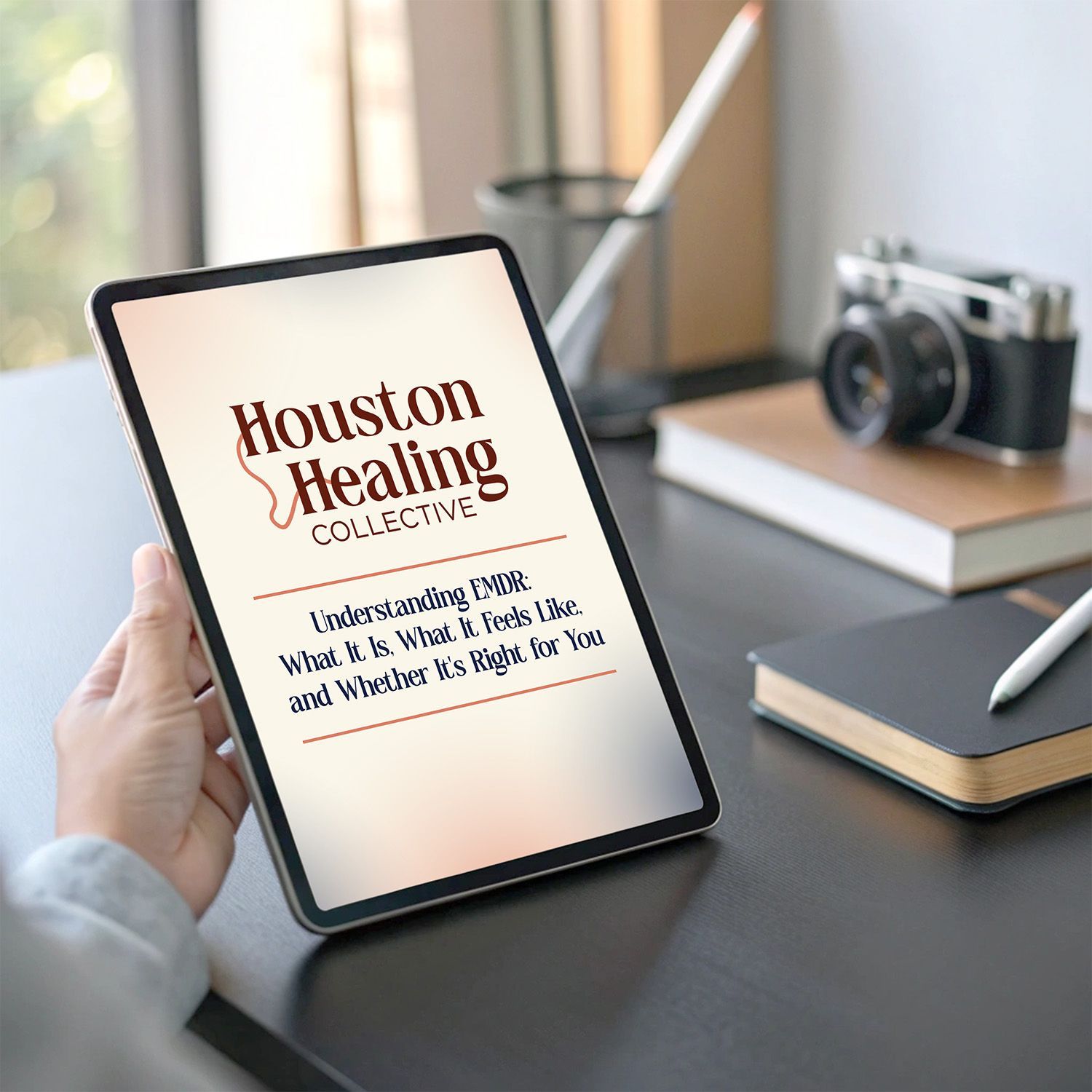 Woman reading free downloadable from Houston Healing