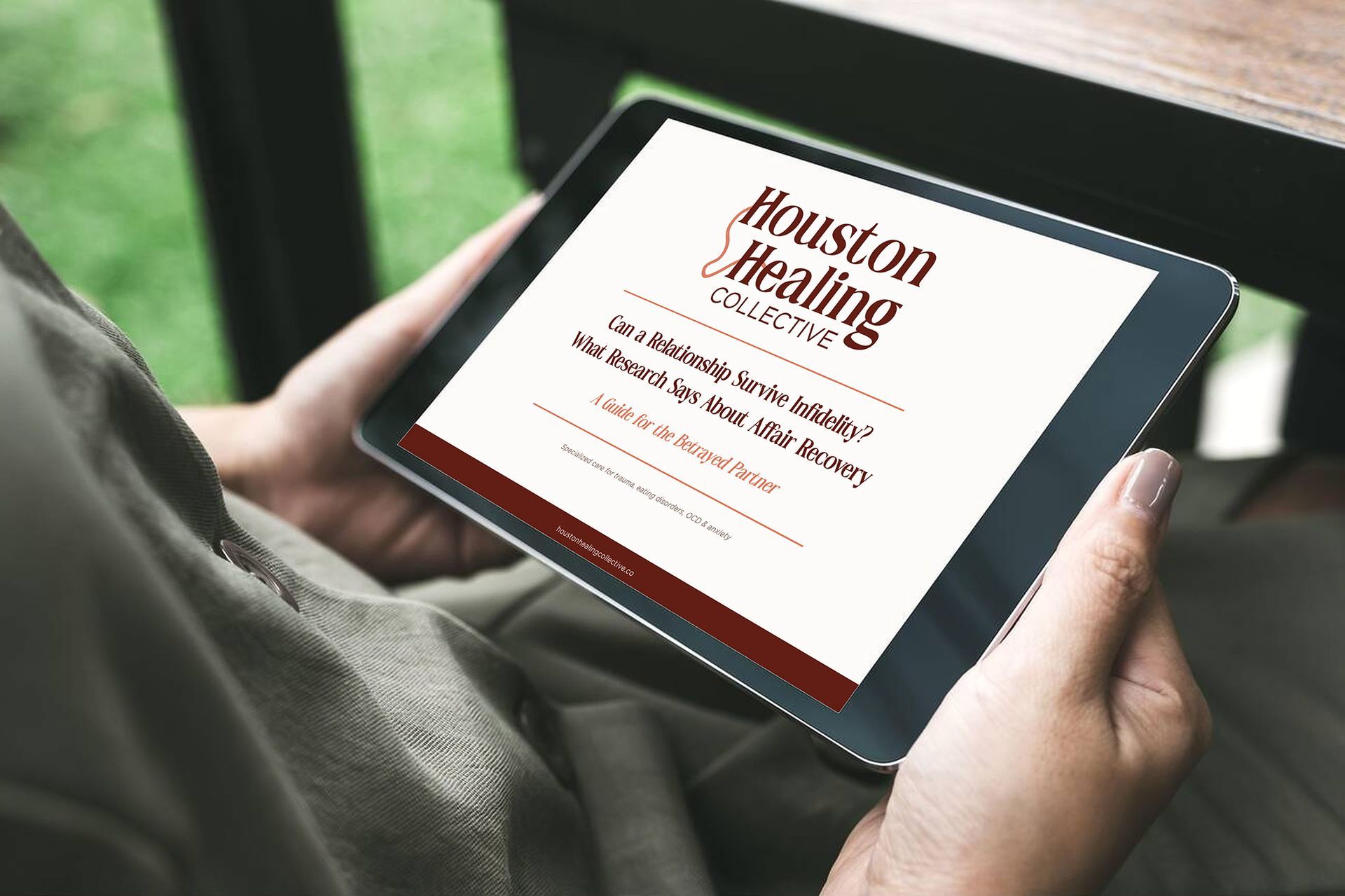 Woman reading free downloadable from Houston Healing