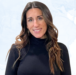 Female eCommerce recruiter in front of blue watercolor background