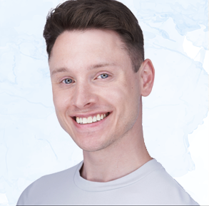 Light blue watercolor background with headshot of member of the staffing team