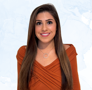 Light blue watercolor background with headshot of member of the leadership team