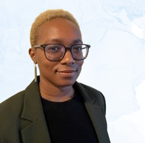 Light blue watercolor background with headshot of member of the admin team