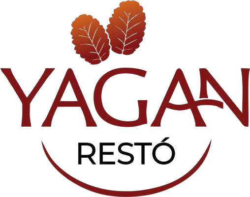 Logotipo de Yagan Restó en rojo oscuro con dos hojas arriba y una línea curva abajo.