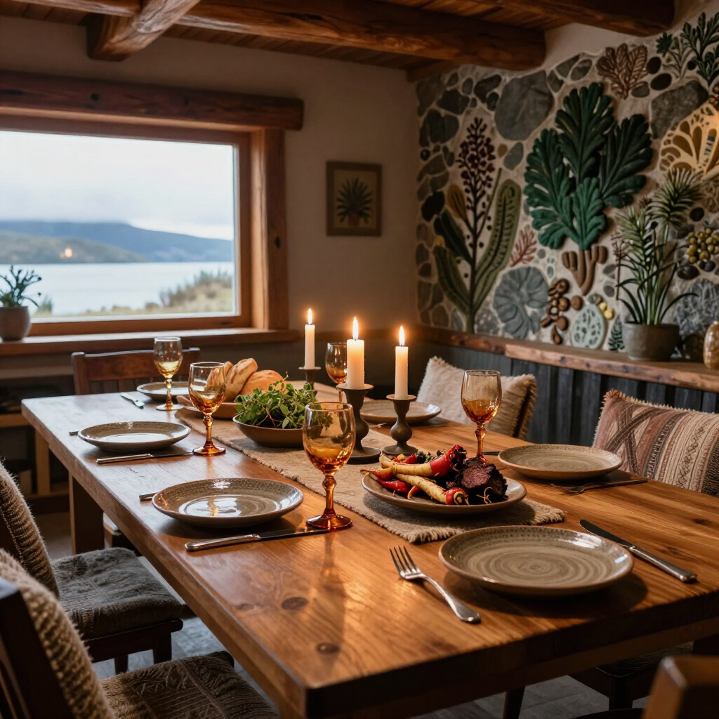 Acogedora mesa de comedor puesta con velas, copas de vino y platos servidos junto a una ventana con vistas al lago.