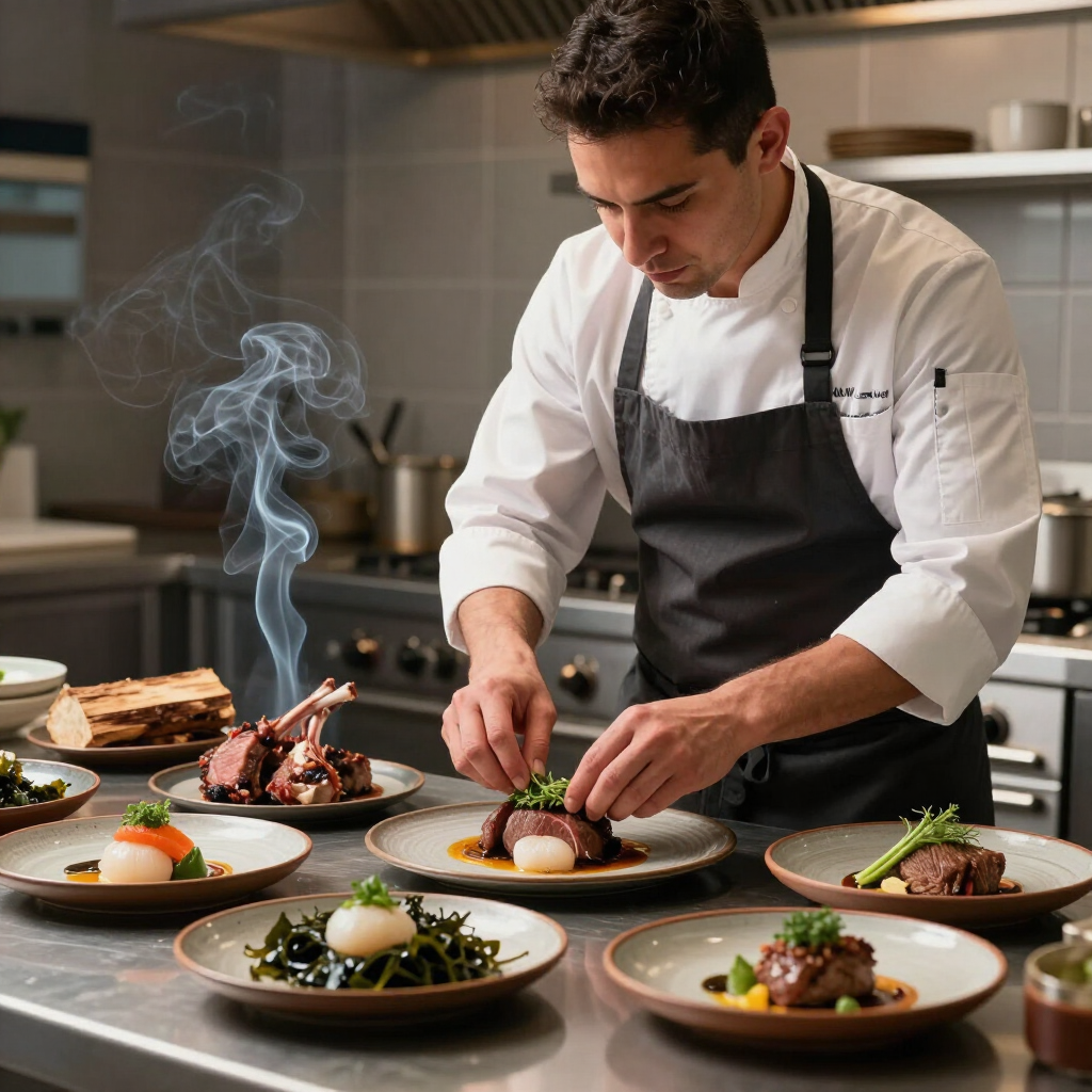 Un chef emplata un plato gourmet en una cocina moderna, rodeado de varios platos elegantes.