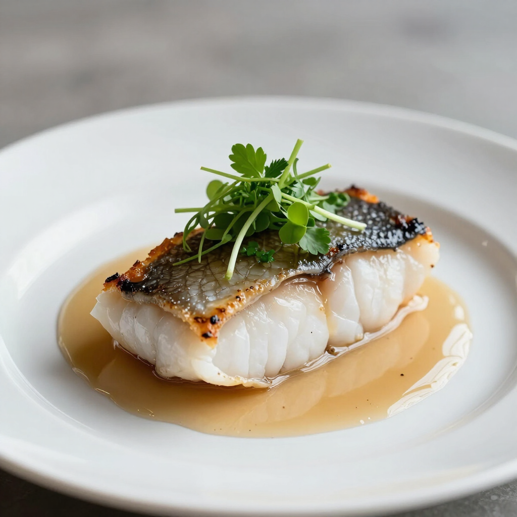 Filete de pescado blanco sellado en un plato blanco con salsa ligera y guarnición verde.