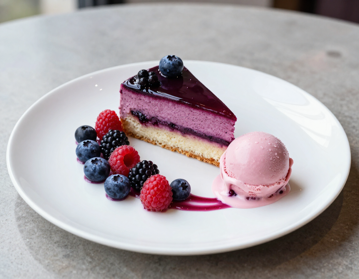 Porción de tarta de queso con frutos rojos y frutos del bosque variados, acompañada de un macaron rosa, sobre un plato blanco.