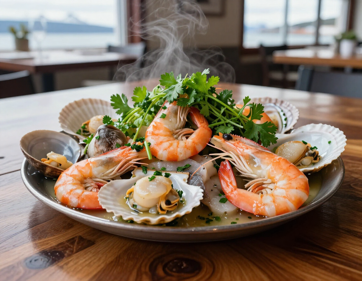 Plato de mariscos con gambas y almejas, cubierto con hierbas, humeante sobre una mesa de madera en un restaurante luminoso.