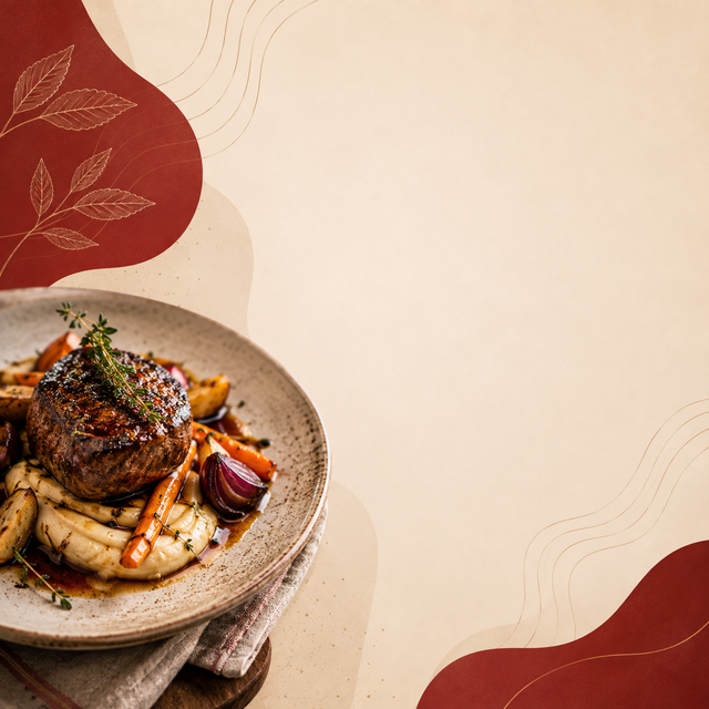 Filete gourmet emplatado con verduras sobre un fondo beige con detalles florales rojos.