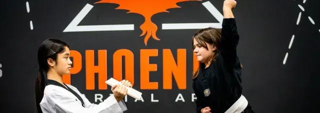 Child breaking through a board during martial arts training at Phoenix Martial Arts in Murfreesboro, TN