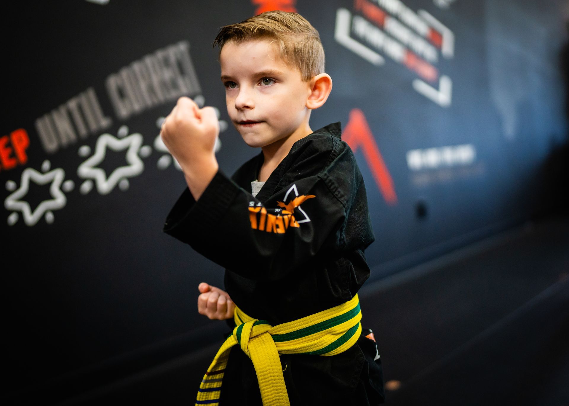 Young martial arts student practicing an inside block at Phoenix Martial Arts in Murfreesboro, TN