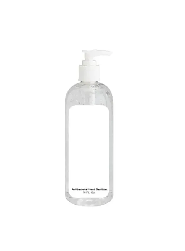 a bottle of hand sanitizer with a white pump on a white background .