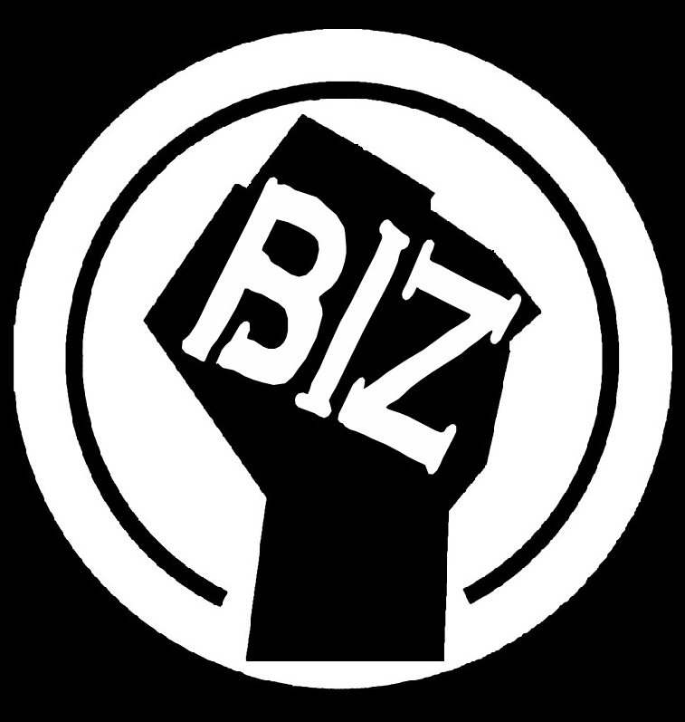 a black fist with the word biz written on it in a white circle .