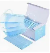 a box of blue face masks on a white background .